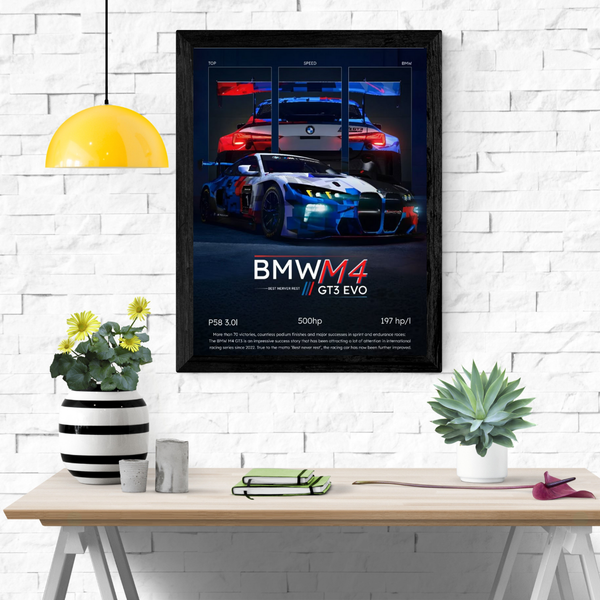 BMW M4 EVO Poster in Black Frame – Premium Car Wall Art | POSTERYHUB