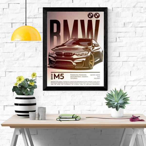 Black BMW M5 Poster in Black Frame – Premium Car Wall Art | POSTERYHUB
