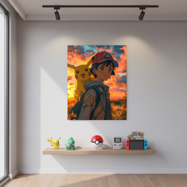 Ash & Pikachu Sunset Poster – Nostalgic Anime Wall Art | POSTERYHUB
